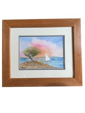 Original Framed Coastal Watercolor Landscape Art with Sailboat